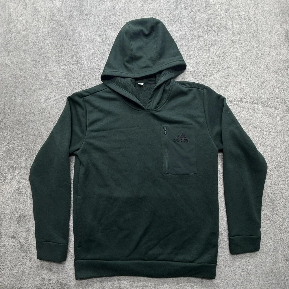 Adidas Hoodie Mens Large Green Fleece Pullover Chest Zip Pocket Logo‎ Sweatshirt